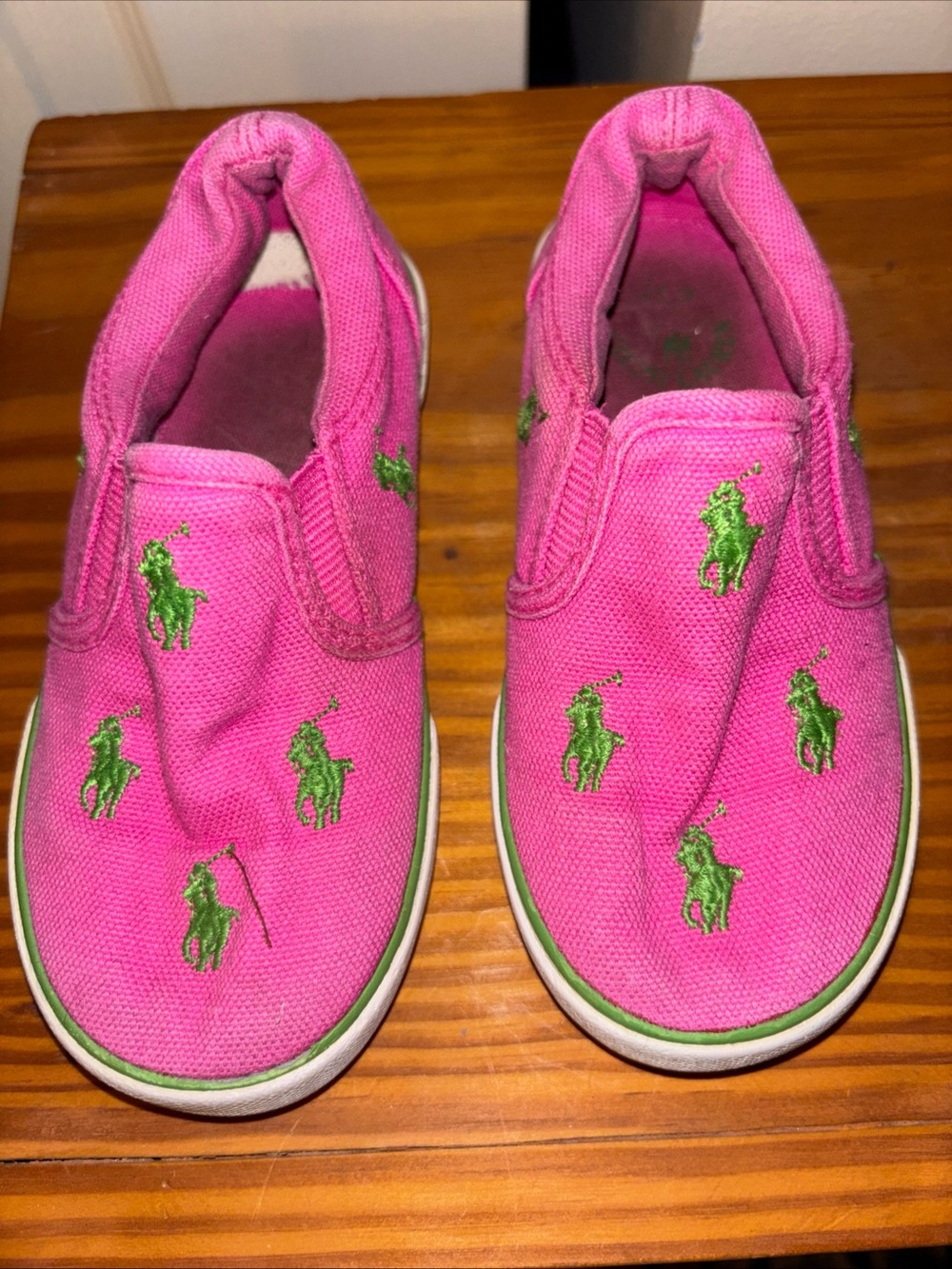 Polo by Ralph Lauren Girls Pink Slip-On Canvas Sneakers with Green size 8 1/2
